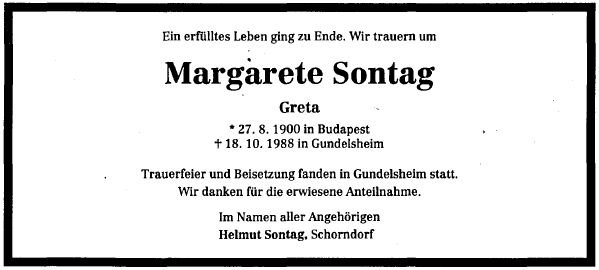 Sontag Margarete 1900-1988 Todesanzeige
